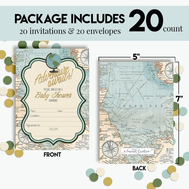 Amanda Creation Adventure Awaits World Traveler Gender Neutral Baby Shower Invitations, 20 5x7 Fill In Cards with Twenty White Envelopes by AmandaCreation - Image 4